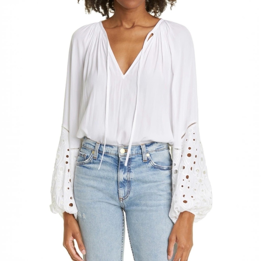 Ramy Brook Aleya Eyelet Balloon Sleeve Blouse White Ivory L A0123201 NEW